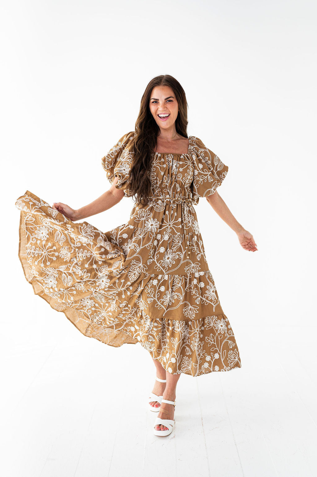 Arden Embroidered Dress in Light Brown