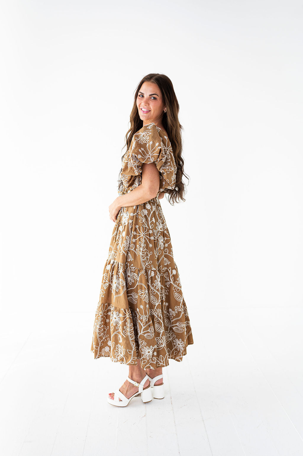 Arden Embroidered Dress in Light Brown