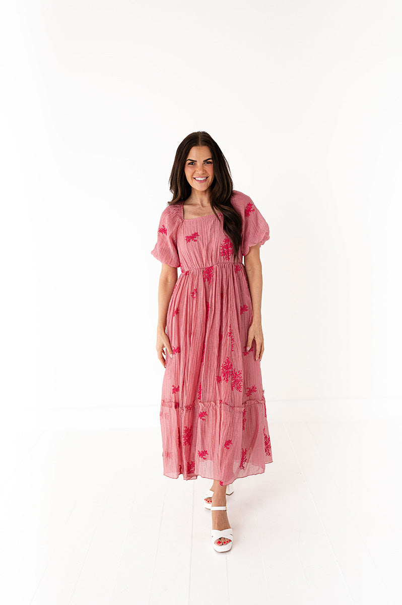 Lola Embroidered Dress in Dusty Mauve