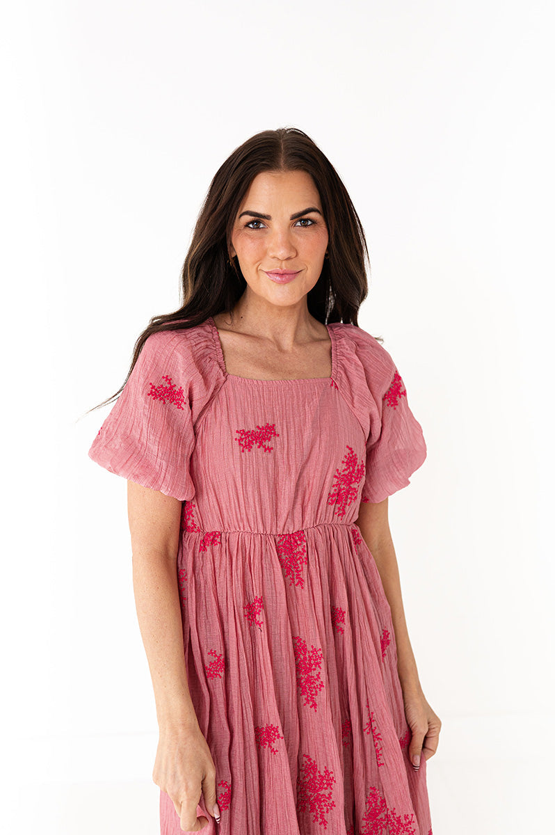 Lola Embroidered Dress in Dusty Mauve